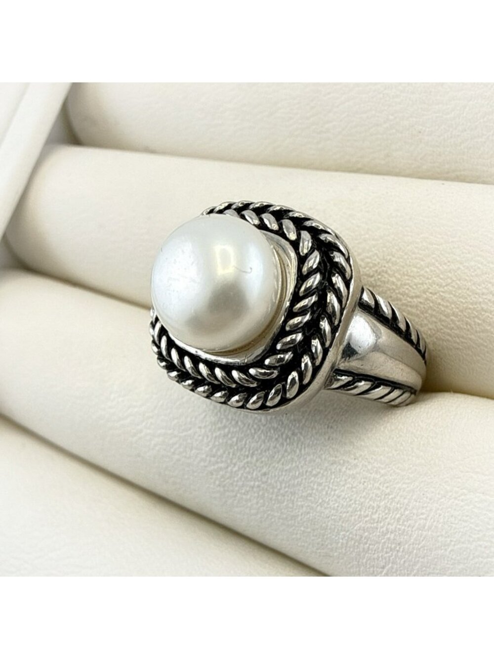 Honora Ring Pearl Sterling Silver Cable Rope 925 size 7 Button White Modern
